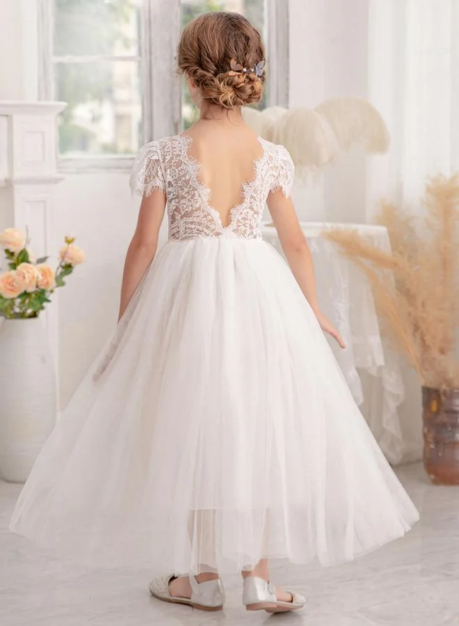 Take Two  Girls White Lace Puff Sleeve Tulle Maxi Dress for Women | Best Price UAE